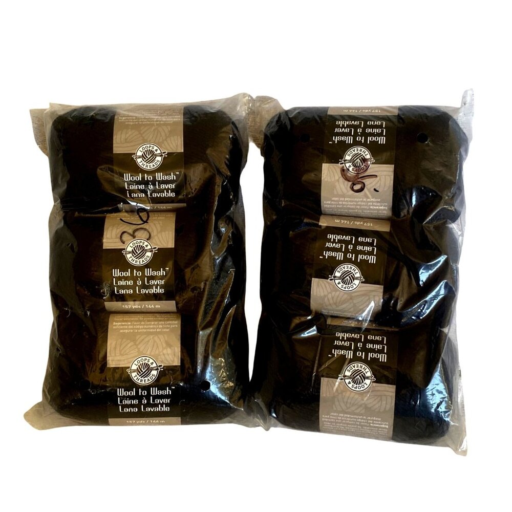 6 Skeins Loops & Threads Wool To Wash Yarn - Medium Weight Black New NIP